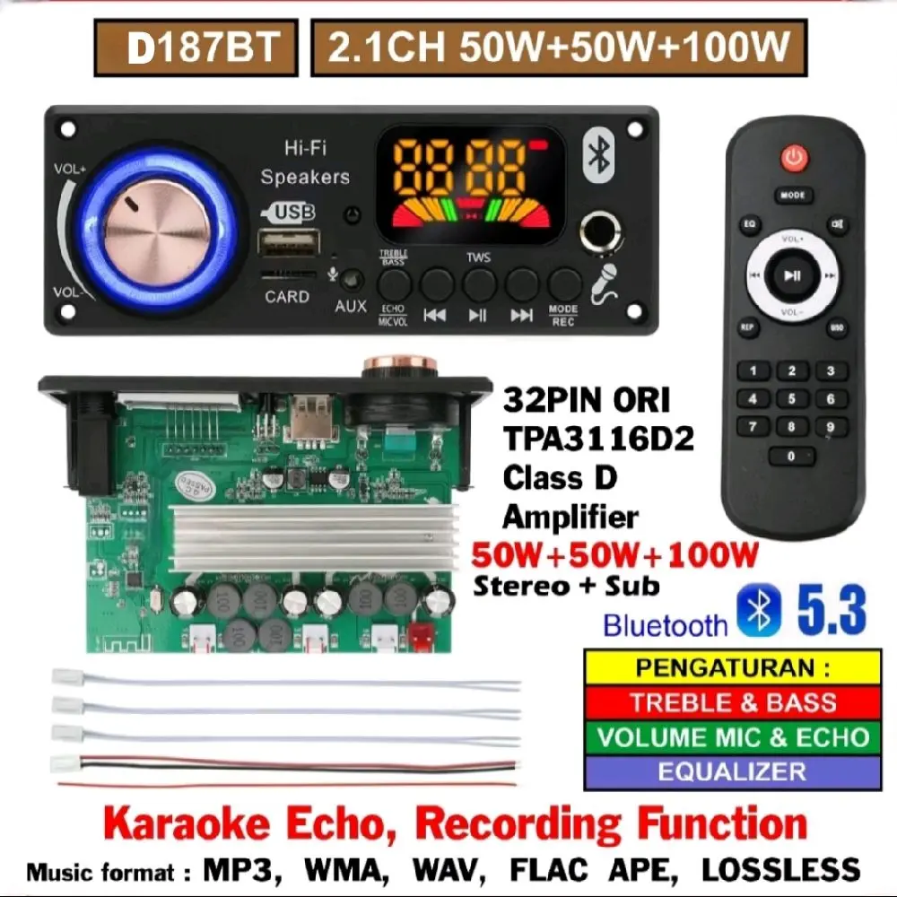 JQ-D187BT Modul Amplifier Mp3 Bluetooth 2.1 Channel TPA3116D2 2x50W + 100W  Subwoofer