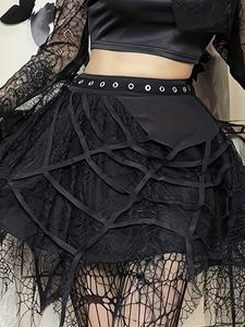 Falda corta con volantes de encaje gótico para mujer, cintura alta, malla en capas y bajo asimétrico; vestido de cosplay de Halloween de subcultura punk.