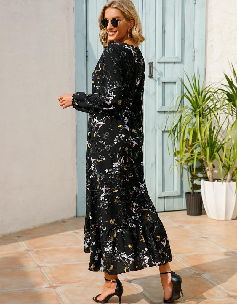 Product Introduction of Cross-Border Foreign Trade Spring and Autumn Floral Chiffon Dress Waist-Controlled Slimming Long Sleeve round-Neck Long Printed Dress Women's 21