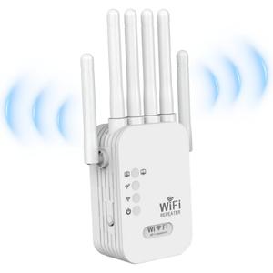 デュアルバンドWi‑Fiエクステンダー、1200Mbps 5GHz＆300Mbps 2.4GHzのWi‑Fiルーター（アンテナ6本搭載）、LANポート2口、3つのモード（ルーター/アクセスポイント/ブリッジ）でホームオフィスに最適、すべてのルーターに対応、USプラグ