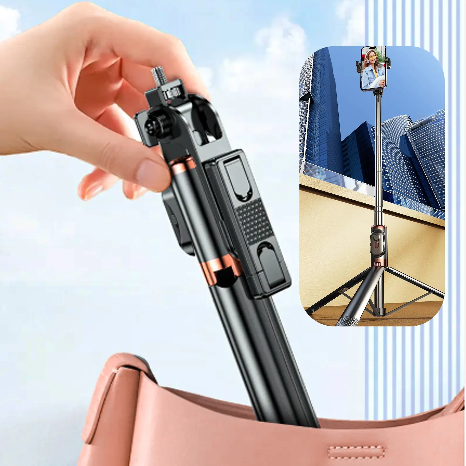 Tongsis Set Remote Bluetooth Selfie Stick Kabel Type C Sistem Cas Lampu Tripod Phone Holder HP 1.7m