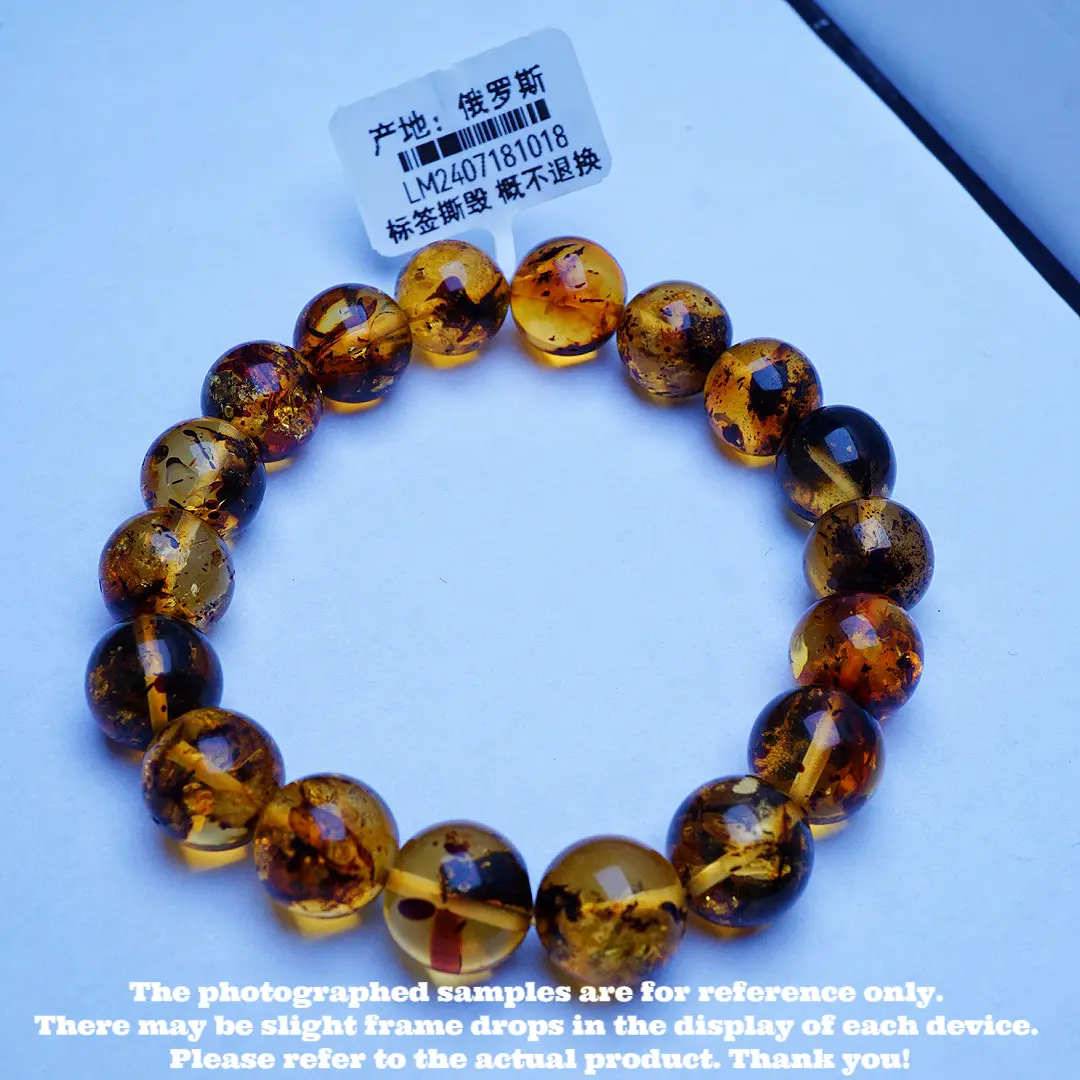 Natural Flower Amber and Beeswax Round Bead Bracelet