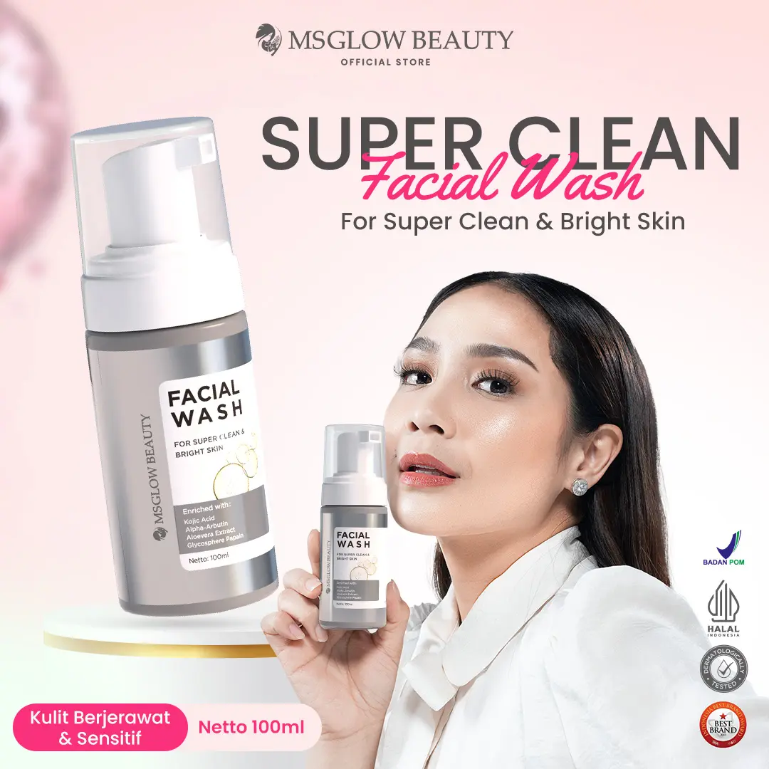 MS GLOW - FACIAL WASH - 100 ML Membersihkan dan mencerahkan kulit memberikan perlindungan antioksidan. Mengandung Saccharide Isomerate, Ectoin, 3X Ceramide, 4X Hyaluronic Acid, Madecassoside, Postbiotic, dan 8X Asam Amino. acne-prone