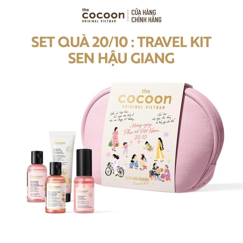 [Set quà 20.10] Travel Kit Sen Hậu Giang Cocoon – 4 chai 50ml tẩy trang, rửa mặt, nước sen (toner) & xịt dưỡng sen – tiện lợi & nhỏ gọn
