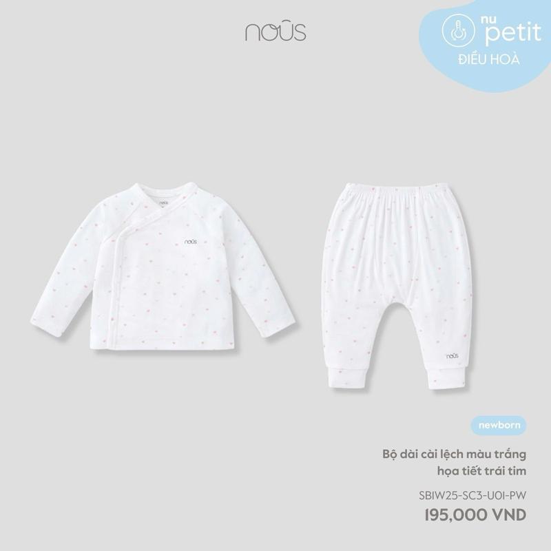 [Nous] Bộ cài lệch  màu trắng họa tiết trái tim  cho bé gái size newbon 3-5 kg. Chất vải peptit mềm mịn, co giãn thoải mái.