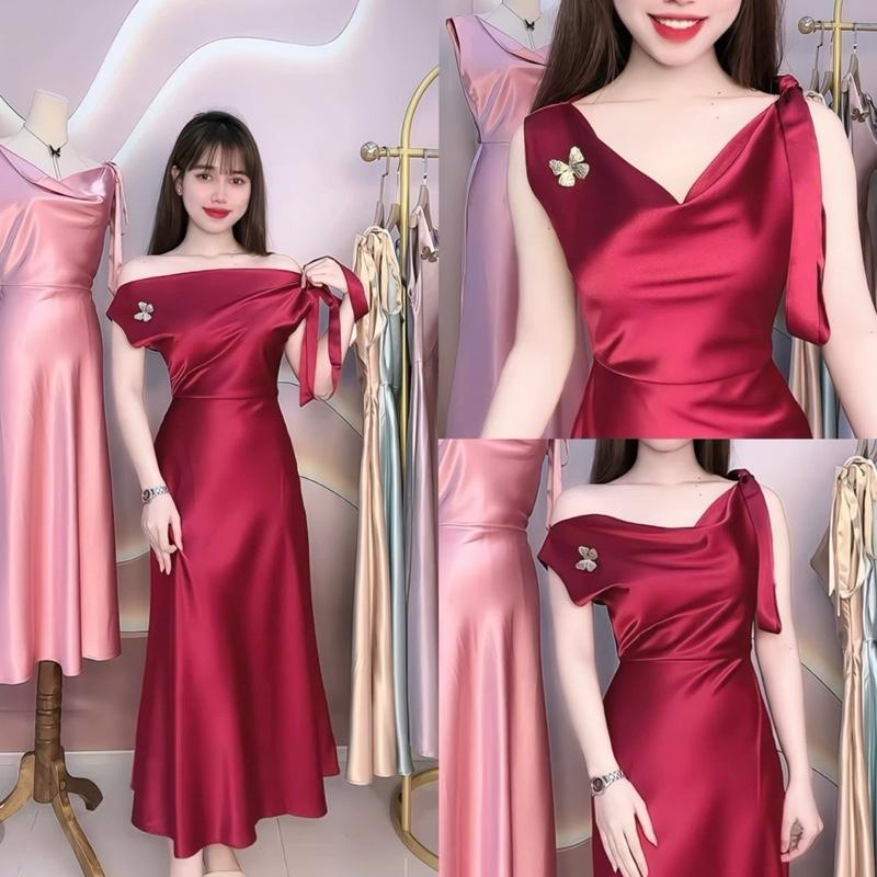  Đầm Lụa Lệch Vai Cột Nơ Sang Trọng ANNIE- A-0143 - Màu đen   Tặng kèm ghim cài   