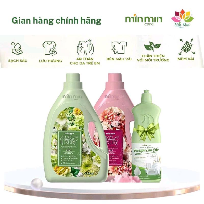  COMBO 2 CAN NƯỚC GIẶT XẢ ENZYM SINH HỌC 3,2L can  min min care  Sạch Sâu Bảo Vệ Màu Vải mềm vải An Toàn Cho Da Và thân thiện với môi trường 