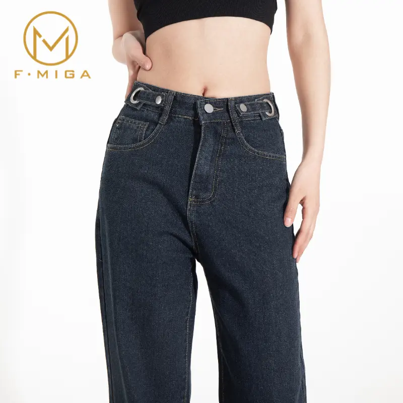 F·MIGA C42 High Waist Korean Style Kulot Bagy Jeans Straight Kasual Pants Celana Panjang Loose Celana Jeans Wanita - Abu-abu Biru 5