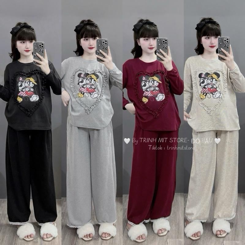   TRINH MIT  Bộ Bầu Nỉ Tăm Lông Thỏ Mickey Trái Tim - Bộ Bầu Thu Đông Có Chun Chỉnh Eo 
