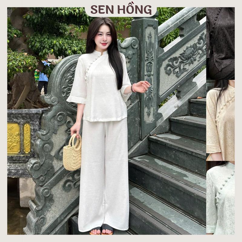   SEN HỒNG  Set Đồ Lam Đi Chùa Gấm Vân Hoa - Pháp phục Phật tử cổ tàu tay xếp vải gấm mềm mát S81 