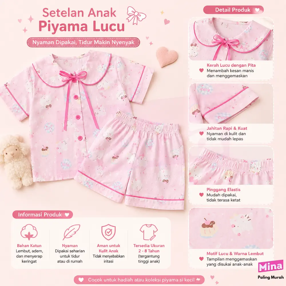 Mina - Setelan Piyama Baju Tidur Anak Perempuan Katun Premium Motif Lucu Pajamas Set Usia 2-10 Tahun