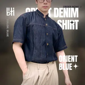 BITI Orient Denim Shirt | Kemeja Outer Koko Denim Jeans Pria Lengan Pendek Kerah Shanghai Oriental