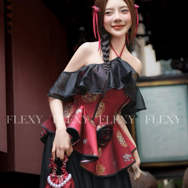 HÀNG SẴN SET GẤM ÁO YẾM BÈO VAI PHỐI CHÂN VÁY LƯỚi 4 LỚP