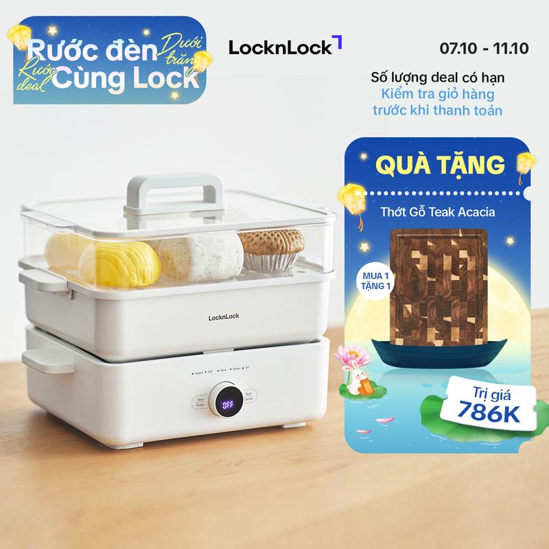Nồi lẩu điện đa năng 2 tầng Bianco LocknLock EJP154IVY dung tích 4.5L - Công suất 1500W- Màu ngà, nướng hấp, lẩu, 2 khay Nấu Ăn tách rời, chống dính