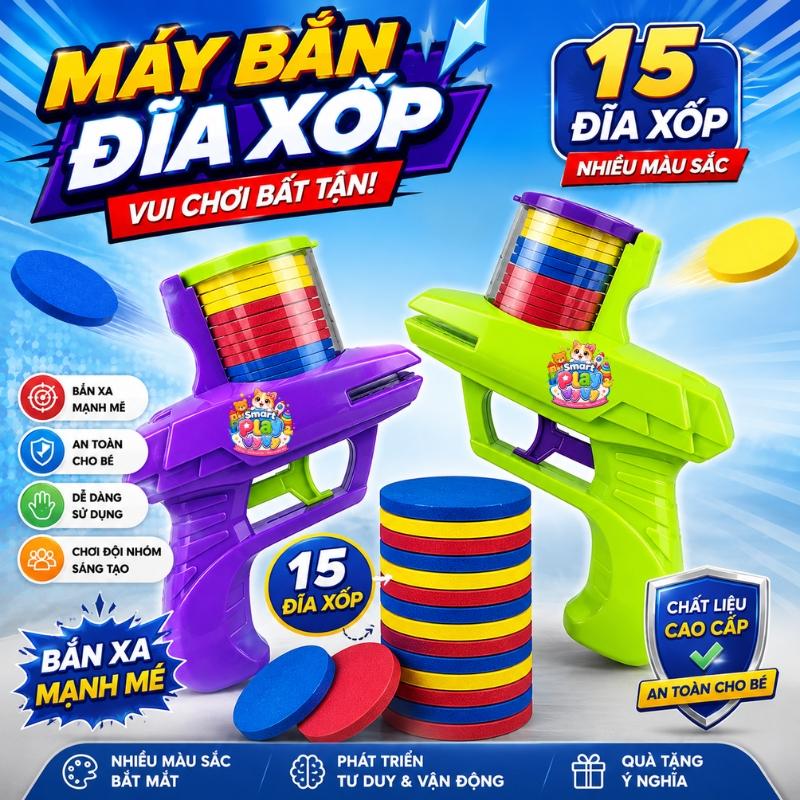 Đồ chơi máy phóng đĩa xốp cho bé kèm 15 đĩa nhiều màu sắc, Đồ chơi vận động vui nhộn giúp bé phát triển phản xạ và tư duy, Máy phóng đĩa xốp phóng xa mạnh mẽ chất liệu an toàn cho trẻ em, Quà tặng hot cho bé dễ chơi trong nhà ngoài trời - Smart Play VyVy