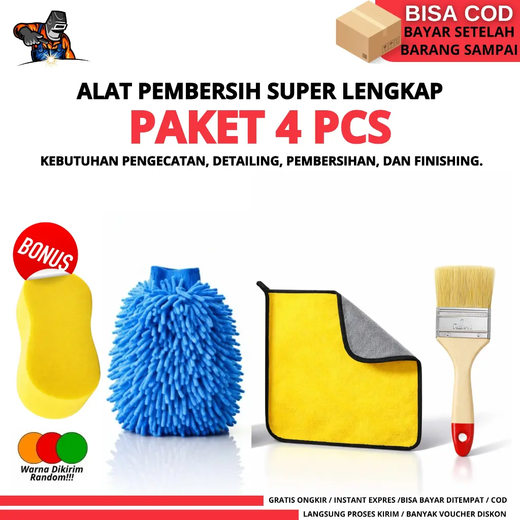 Paket Hemat Alat Cuci Motor 4in1 Kain Lap Microfiber + Sarung Tangan Cendol + Spons Cuci & Kuas Detailing