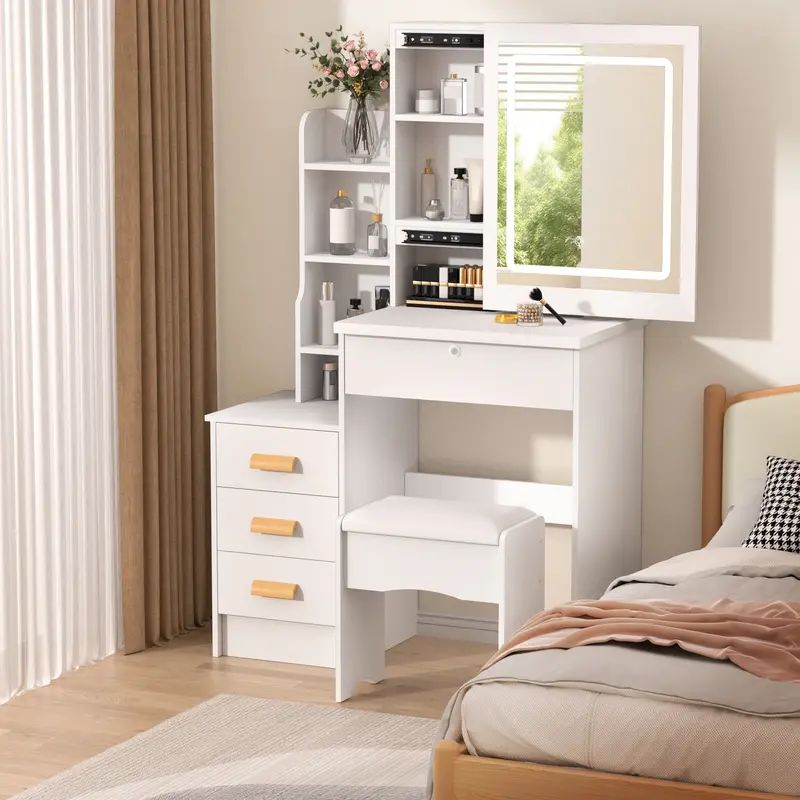 Vanity Desk with Sliding Mirror and Lights, Bedroom Dressing Table, Makeup Table with Drawers & Shelves, Hidden Storage Space 3