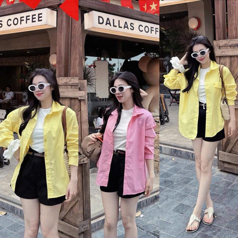 Sét bộ đồ nữ áo lót tăm phối áo sơ mi tay dài thêu mix quần đùi xinh xắn kèm nịt cho nàng dạo phố với 2 tone màu trẻ trung