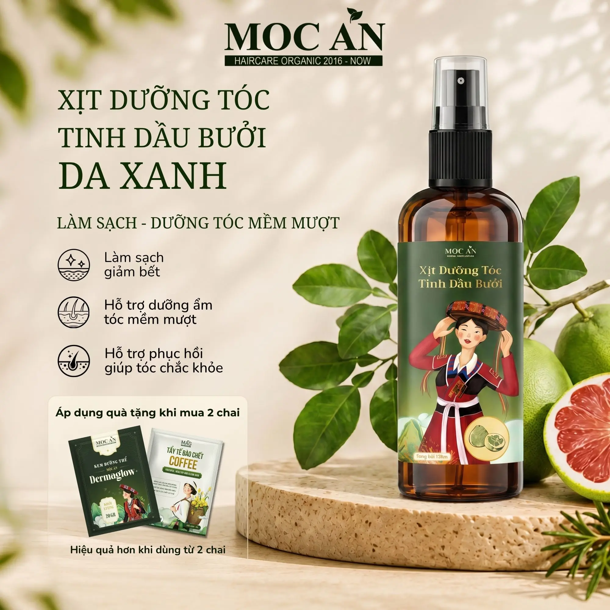 Xịt Dưỡng Tóc Tinh Dầu Bưởi Da Xanh Mộc Ân Haircare 120ml - Dưỡng Tóc Yếu, Dễ Gãy Rụng