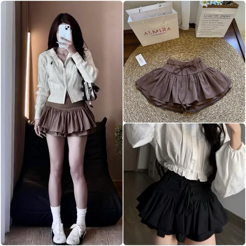  Chân Váy Dáng Ngắn Thô Xoè Bồng Đan Dây 2 Tầng Khoá Sườn Chun Lưng 