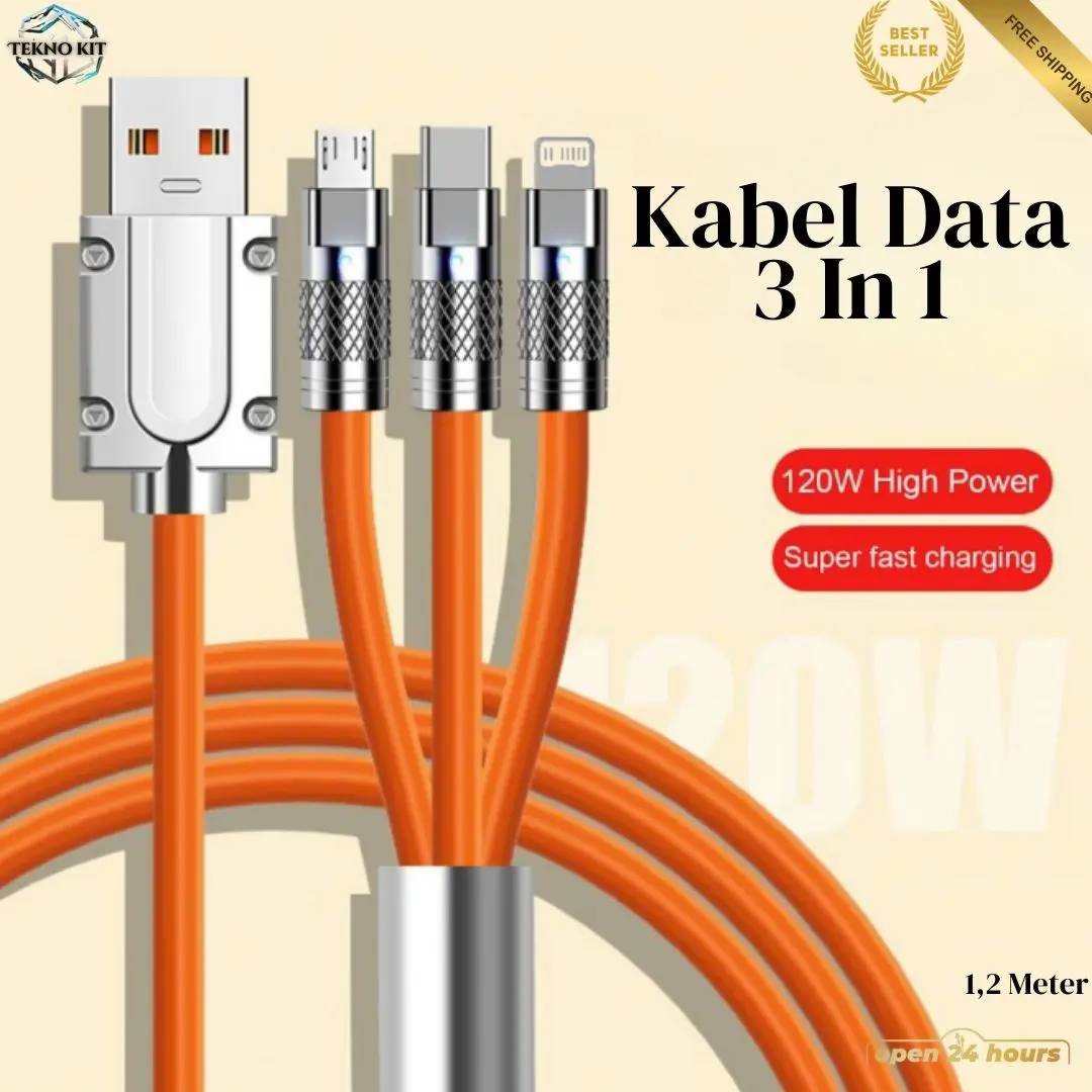 Kabel Data 3 In 1 Fast Charging 120W 1 Kabel 3 Port Masing-Masing Micro TypeC Iphone/IOS Silicon Competible Multifungsi Kuat Durable Praktis Tidak Perlu Membawa Banyak Kabel Dalam Satu Tas Panjang 1,5 Meter Cable Charger