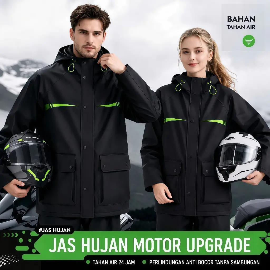 Jas Hujan Motor Bahan 210D Oxford Tahan Hujan dan Angin Bernapas Dilengkapi Strip Reflektif Warna Hitam Krem Ukuran M‑2XL Set Jaket Celana