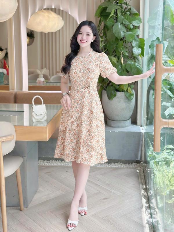 Đầm váy hoa nữ nàng thơ thiết kế Nhât Vy cổ tròn tay ngắn dáng dài xoè tiểu thư lụa mango công sở dự tiệc - D3264