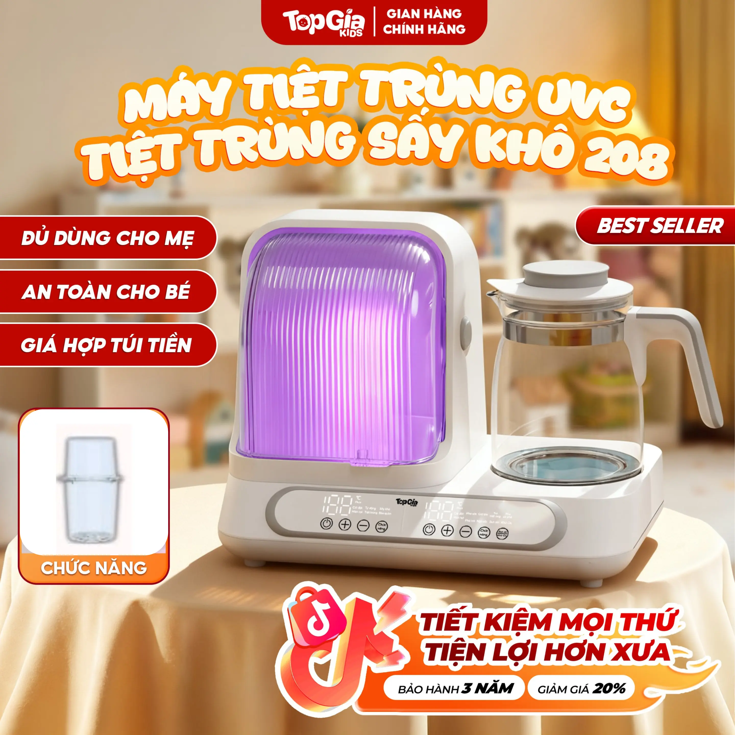 (TIỆT TRÙNG UVC - BẢO HÀNH 3 NĂM) Máy Đa Năng Đun Hâm Pha Sữa Và Sấy Khô Tiệt Trùng UVC 208 tặng Lồng Hâm Sữa, Bảo Hành 18 Tháng, Lỗi 1 Đổi 1 Trong Vòng 30 Ngày I Đủ Dùng Cho Mẹ - An Toàn Cho Bé - Giá Hợp Túi Tiền