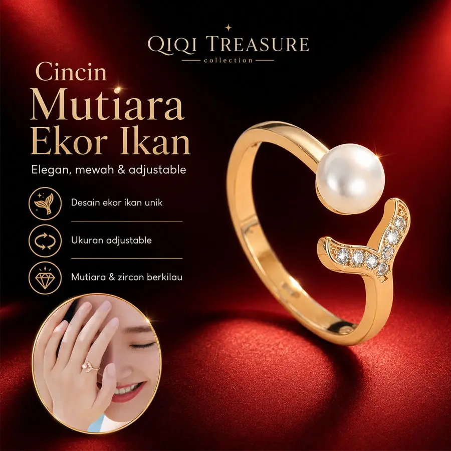 Cincin Wanita Mutiara Ekor Ikan Zircon Adjustable Elegan untuk Jari Telunjuk