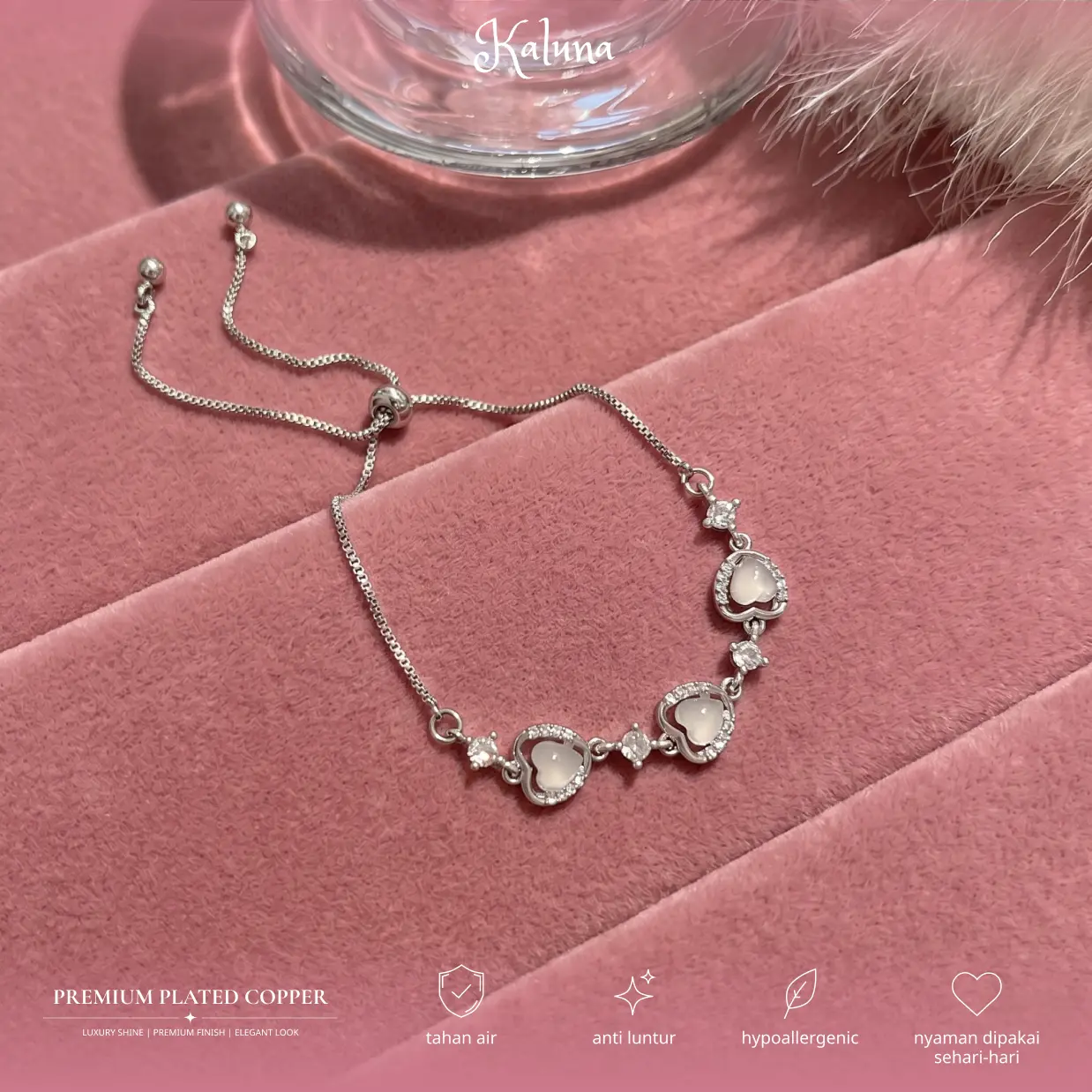 Kaluna Jewelry - Opaline Love Bracelet - Gelang Serut Wanita Silver | Bracelet Adjustable Premium Plated Anti Luntur | Batu Zircon Premium Bentuk Hati | Aksesoris Wanita