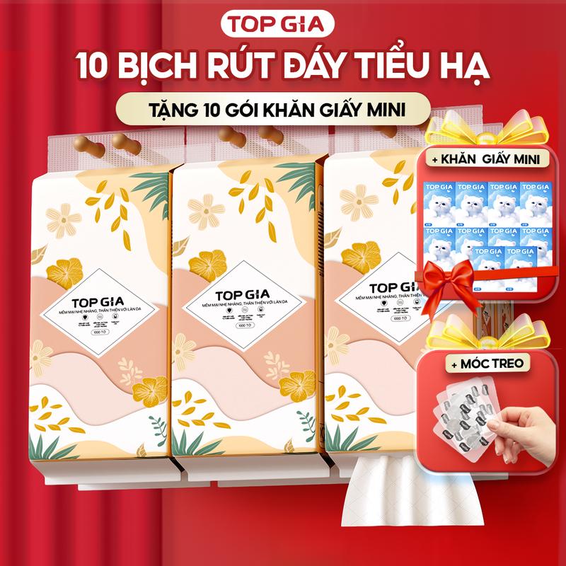 [TẶNG 10 BỊCH  GIẤY MINI] COMBO Thùng 10 Bịch Khăn Giấy TOP GIA 4 Lớp Mềm Mịn Tặng 10 bịch khăn giấy mini Thành Phần Bột Gỗ Tự Nhiên Thân Thiện An Toàn, Khăn Giấy Vệ Sinh 1000 tờ, 4 lớp Tặng 3 móc treo tiện lợi ĐẠT QUY CHUẨN CỦA BỘ CÔNG THƯƠNG TG86