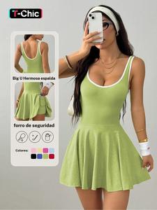 Vestido deportivo sin espalda para mujer con ribete de contraste sólido, vestido deportivo cómodo y transpirable de alta elasticidad con bolsillo integrado y anti-exposición, ropa deportiva para damas para todas las estaciones, vestido de tenis