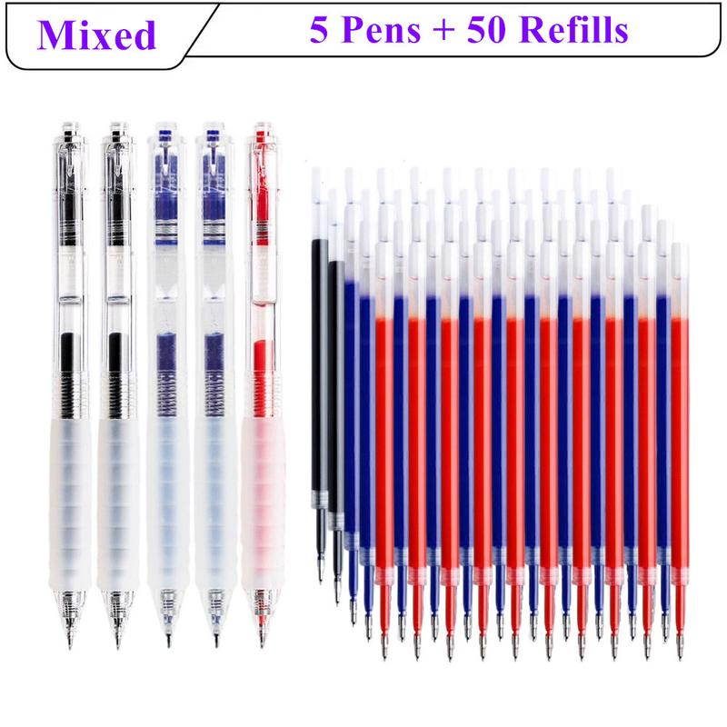 Bộ Bút Gel Có Thể Thu Vào 5 Bút + 50 Nạp, Ngòi ST 0.5Mm, Nhanh Khô, Văn Phòng Phẩm Trường Học Và Văn Phòng, Dụng Cụ Viết Mịn