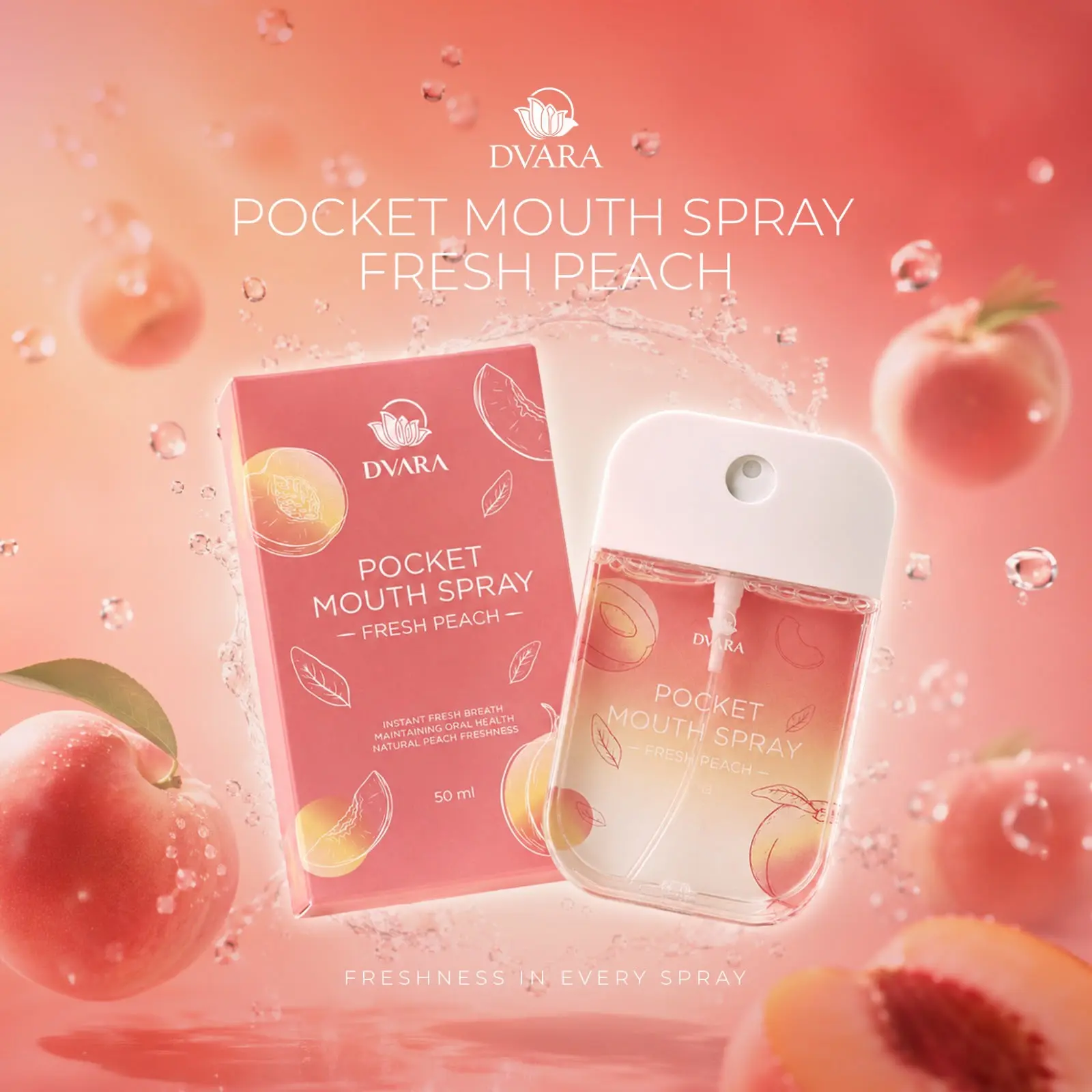 NEW SPECIAL LAUNCHING DVARA POCKET MOUTH SPRAY FRESH PEACH 50ML PENYEGAR MULUT PREMIUM 0% ALKOHOL ANTI BAKTERI HALAL