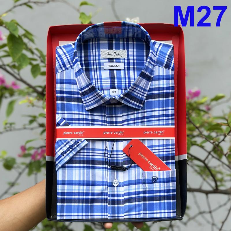  Sơ Mi Nam Pierre Cardin Áo Sơ Mi Nam Ngắn Tay Vạt Ngang Form Regualar Kẻ Caro Mẫu Xuất Hàn 2024 