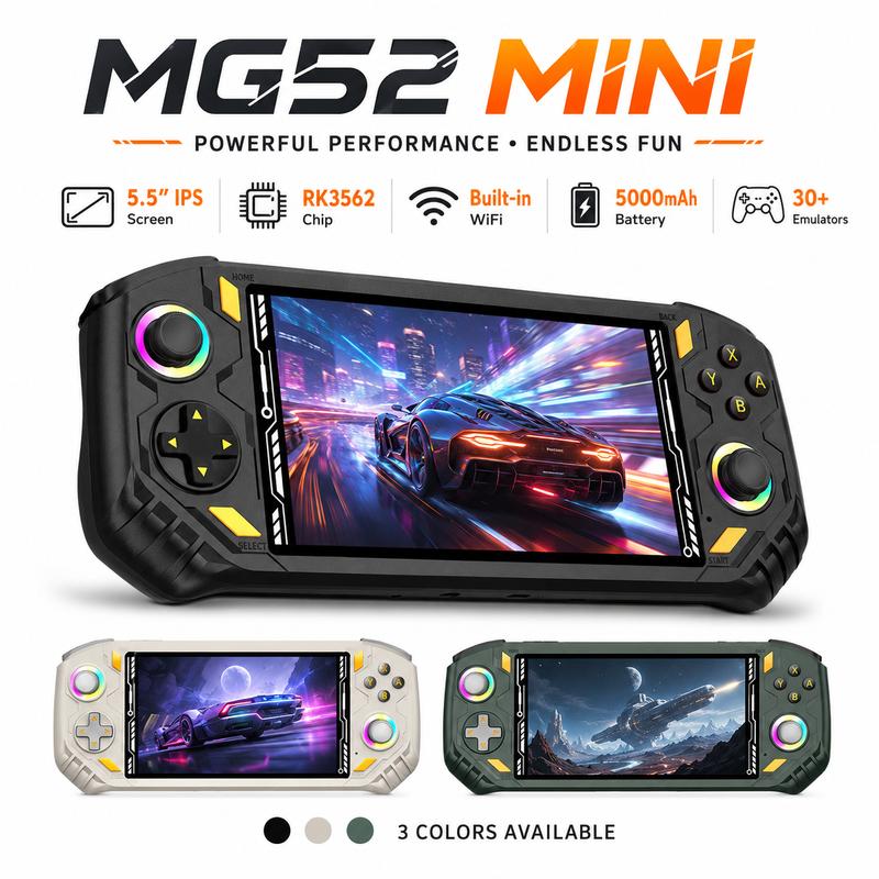 Máy chơi game cầm tay RG52 MINI với RK3562, bộ xử lý bốn nhân, màn hình IPS 5,5 inch 1280×720, công tắc tuyến tính Hall, joystick RGB, pin 5000 mAh, thời gian chơi lên đến 8 giờ, Wi‑Fi 2,4 GHz