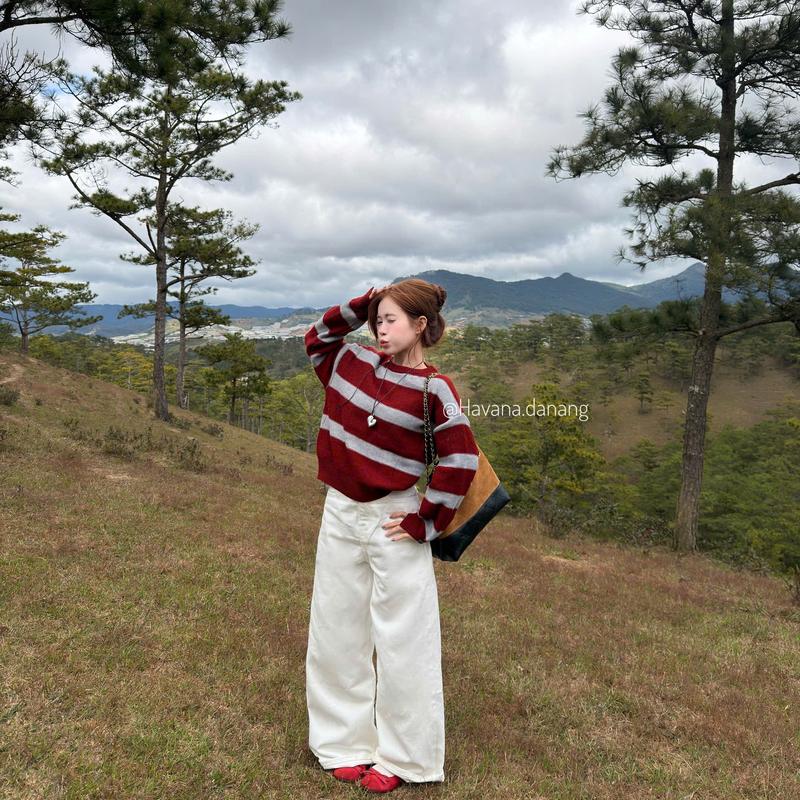   HÀNG QC LOẠI 1  Áo sweater len mịn phối kẻ ngang tay bo cúc HAVANA LEN324 