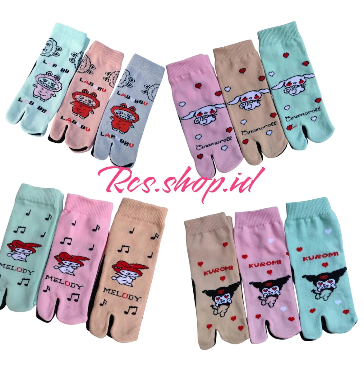 6 pasang kaos kaki jempol anak karakter kuromi, labubu, melody, cinnamoroll, katun spandek tebal dan adem, kaus kaki anak Fashion Perempuan
