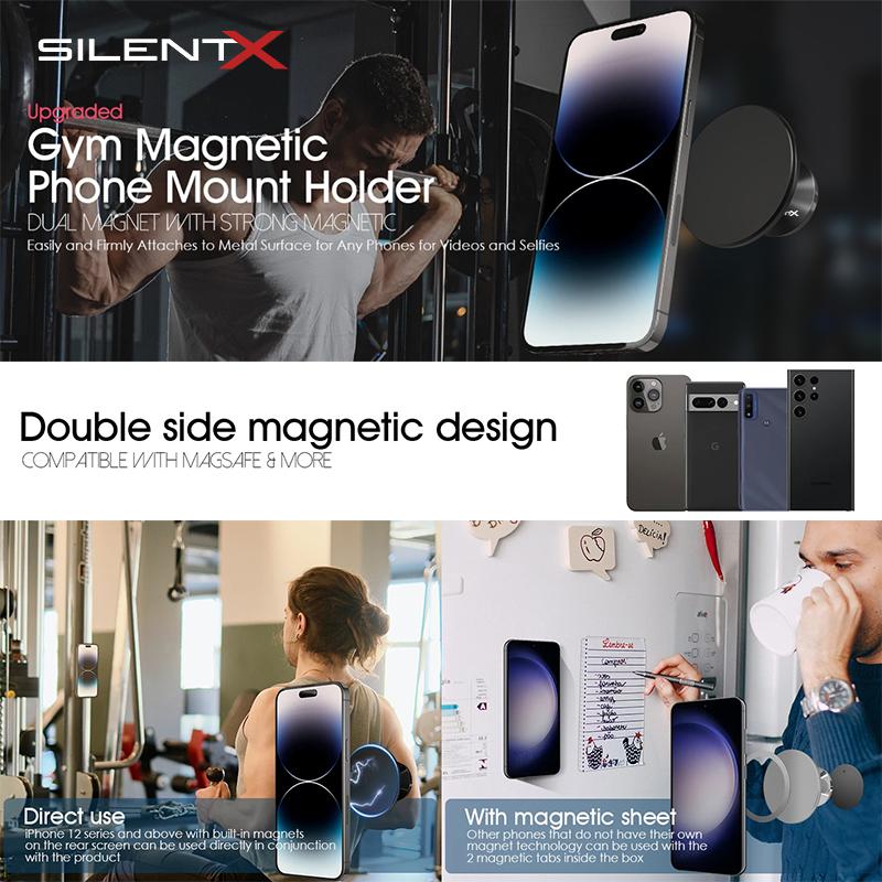 SILENTX Universal Dual Magnetic Gym Phone Mount Holder Dual Dua Sisi Magnet Dudukan Hp Handphone Dinding Car Phone Double-Sided Magnetic Aksesoris Alat Gym Fitness Magsafe Holder SilentX 1