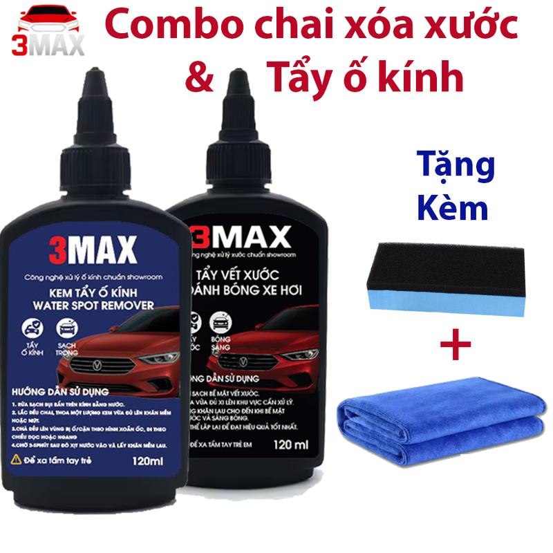  Quá Hời Combo Chai Xi Xóa Xước Và Kem Tẩy Ố Kính 3Max - Tặng 2 Khăn Lau Và Mút Chuyên Dụng - Xóa xước Tẩy Ố đánh bóng Ô Tô! 