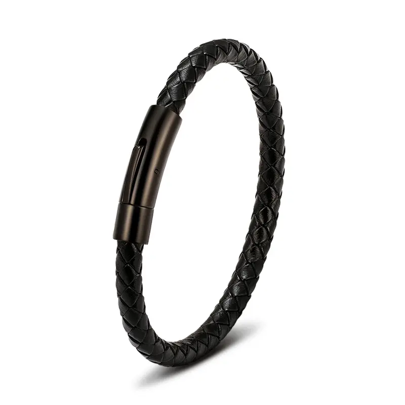Gelang Kulit Pria Stainless Steel Hitam Klasik Model 2025 - Men 4