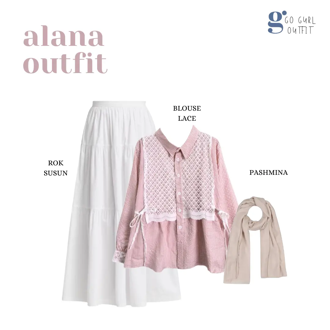 One Set Outfit Remaja (Blouse Lace, Rok Ruffle, Pashmina) Setelan OOTD Hijab - GGO32