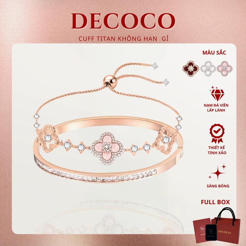 Set vòng tay cỏ 4 lá charm hoa đá & cuff titan không han gỉ ELISA DECOCO kèm Túi giấy + Hộp + Thiệp