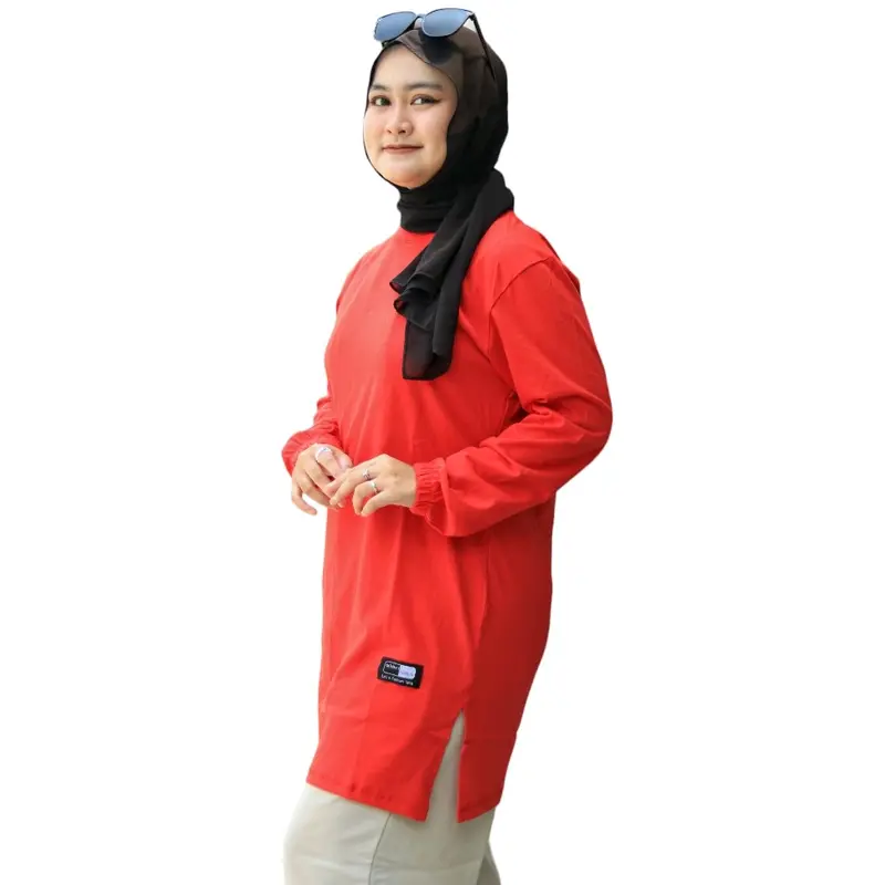 Atasan Kaos Tunik polos  Merah Maroon wanita Dewasa Muslim terbaru lengan panjang tangan serut karet  Kerah oblong variasi belah Samping bahan Kain katun Combed 24s  Nyaman Tebal premium import Hitam Basic Atasan Tunik 0