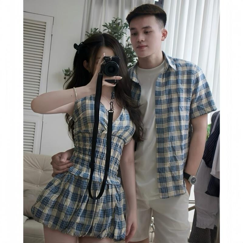 (S-63) [ GIÁ CẢ CẶP] Set đồ đôi nam nữ couple váy kẻ caro dáng bí lưng chun và áo sơmi nam cổ đức có túi trẻ trung, đồ đôi mặc cùng người yêu đồ đôi mặc đi du lịch