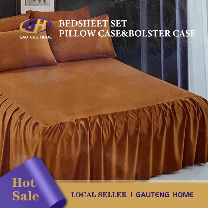 (Skirting) Solid Color / Plain Color Supersingle Fitted Sheet With Skirting Set Pillow Case And Bolster Case Set 0
