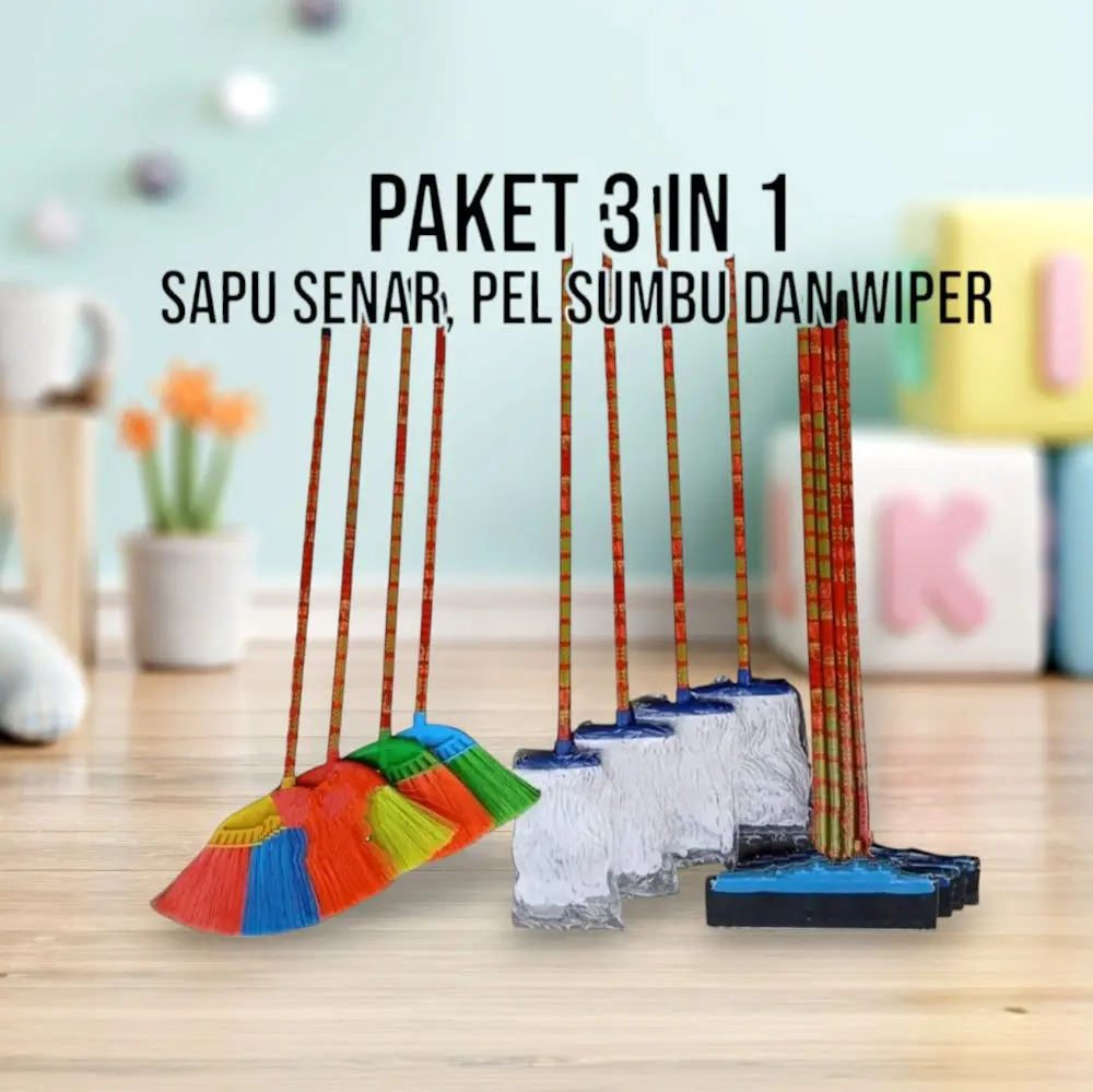 Paket Sapu 3 In 1 Sapu Senar Pel Lantai Sumbu Dan Wiper Dorongan Air
