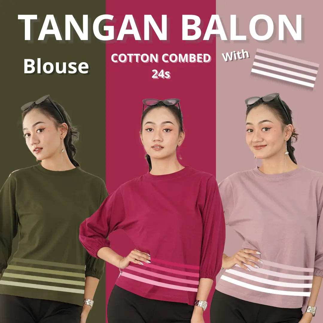 Lookit -  Blouse Atasan Tangan Balon Strips Salur Cotton Combed 24s Santai
