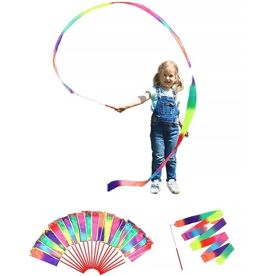 20 Pack Ribbon Dancing Wands Party Favors for Kids, Rainbow Birthday Decorations, Princess Party Supplies, Girls Party Games, Gymnastics Goody Bag Stuffers (Rainbow)