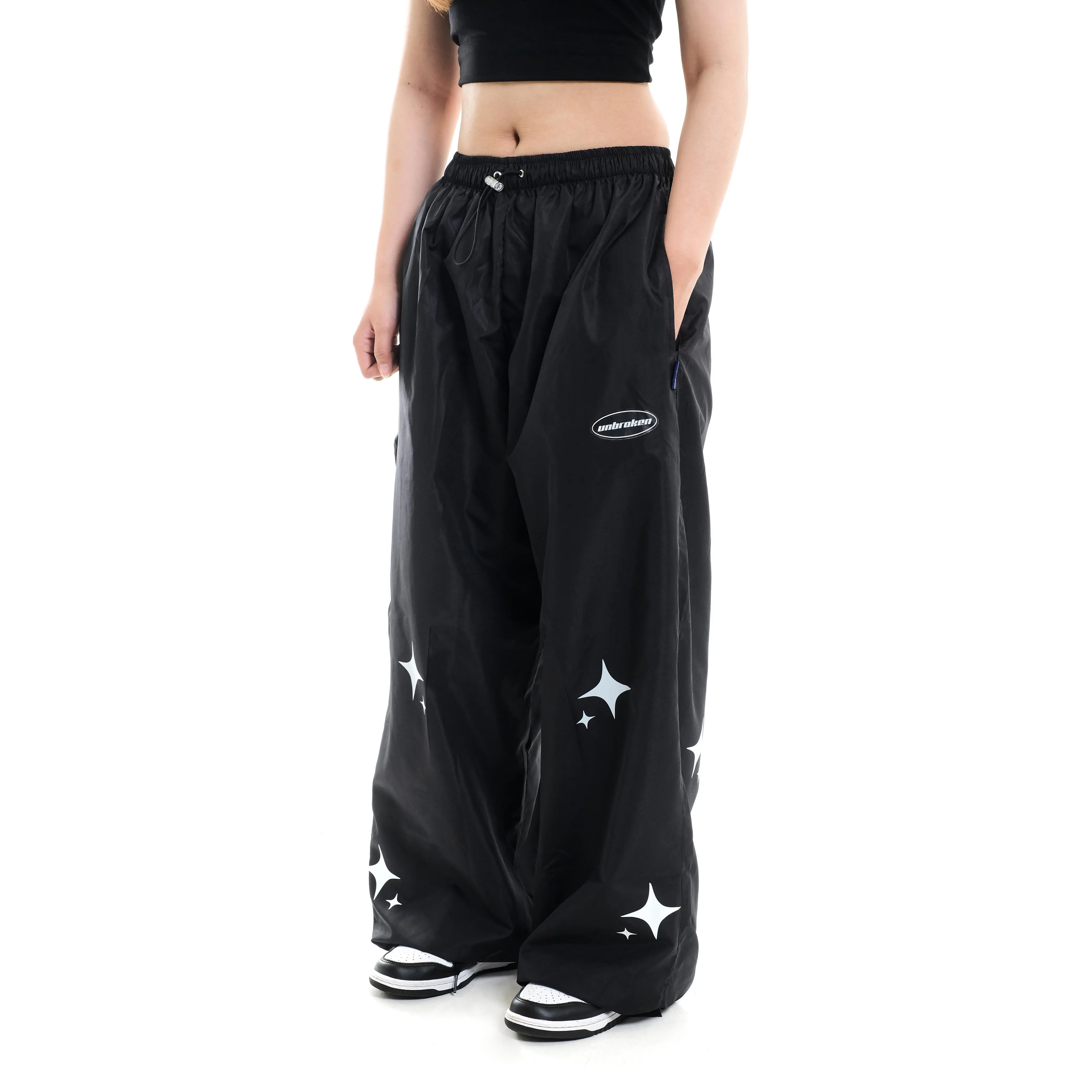Unbroken Official INDONESIA Y2K BAGGY PANTS UNISEX Distro Casual Celana Panjang unsex regular skena outfit cewe loose parasut karet Hitam Wanita